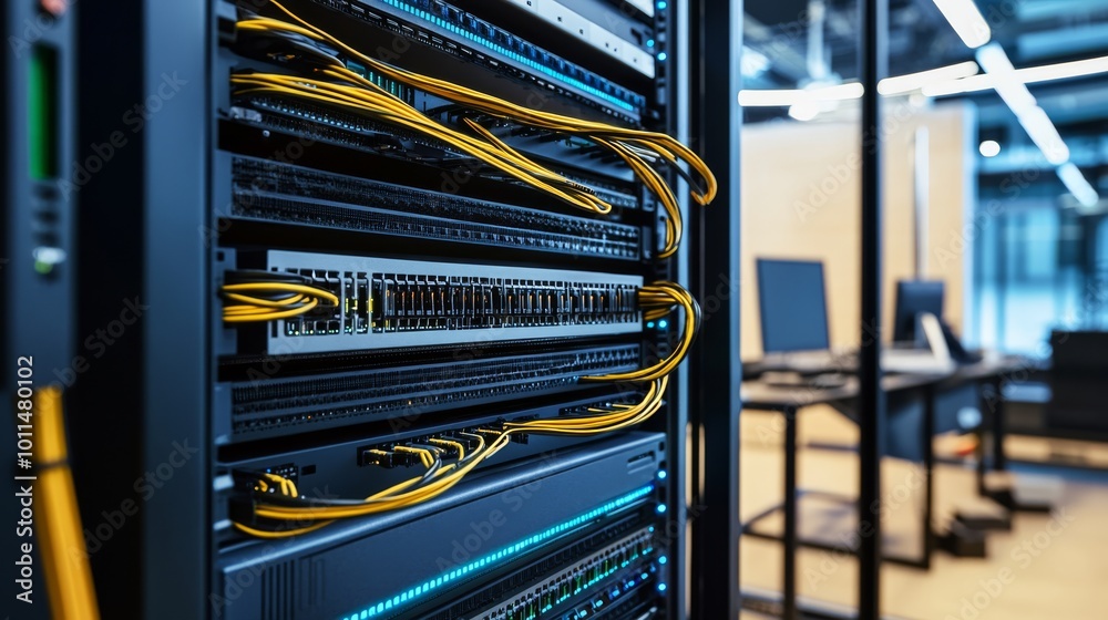 A detailed view of server racks with yellow network cables, highlighting modern technology in a data center environment. A detailed view of server racks with yellow network cables, highlighting modern technology in a data center environment.
