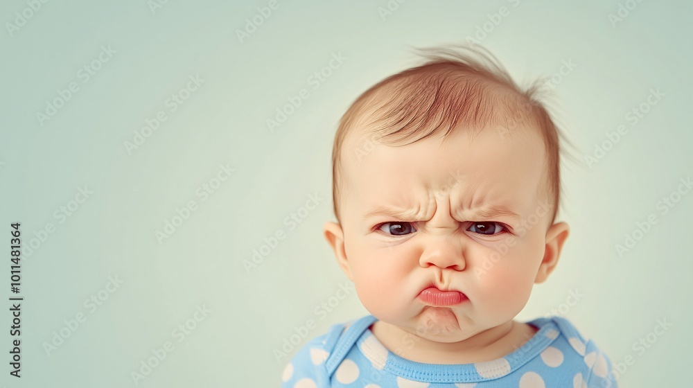 Photo of a slightly angry baby with a funny facial expression but still little smile pastel colors funny photo Photo of a slightly angry baby with a funny facial expression but still little smile pastel colors funny photo