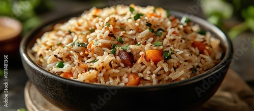 Close-up of a bowl of cooked rice with carrots and herbs.