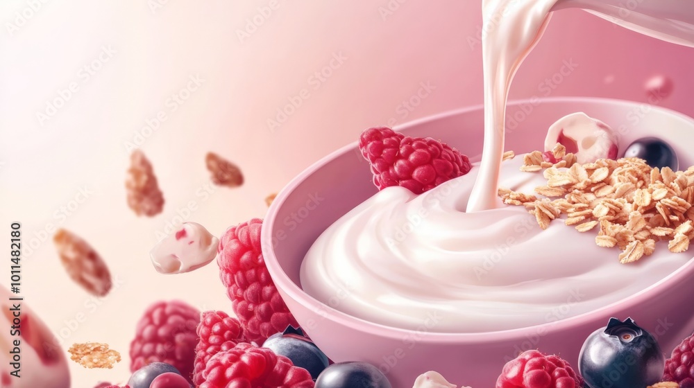 Yogurt bowl with granola and raspberries on pink background Yogurt bowl with granola and raspberries on pink background