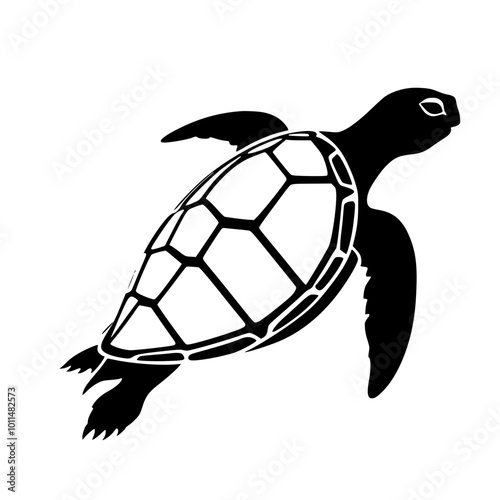 Black turtle silhouette swimming gracefully on a white background with copy space