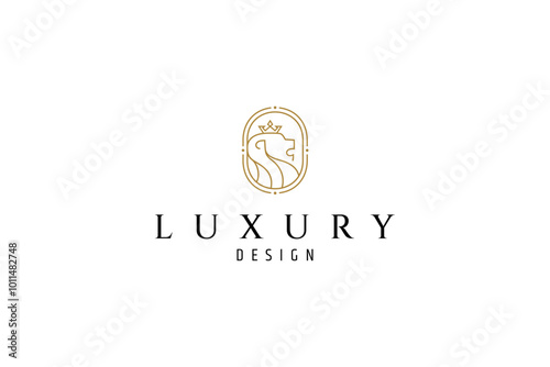 Vintage lion king logo in frame in gold line art design style