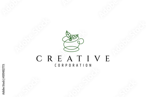 coffee cup logo with coffee plant combination in linear design style