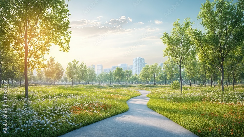 illustration of urban green spaces with trees ,pathways highlighting the integration of nature in city planning illustration of urban green spaces with trees ,pathways highlighting the integration of nature in city planning