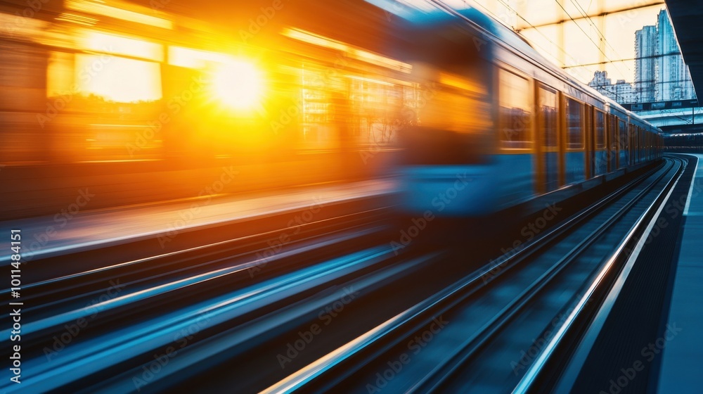 Blurred train speeding through a station at sunset, capturing dynamic motion. Blurred train speeding through a station at sunset, capturing dynamic motion.