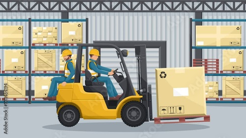 Animation, transporting people on the forklift is prohibited. Dangers of driving a forklift. Forklift driving safety. Work accident in a warehouse. Security First. Accident prevention at work