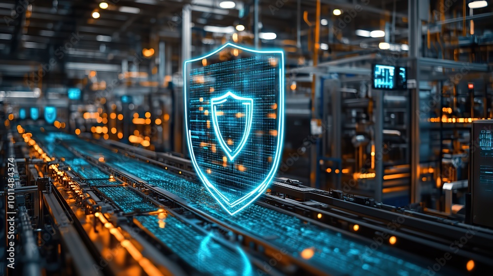 Obraz premium industrial facility with digital shield overlay symbolizing critical infrastructure protection against cyber threats