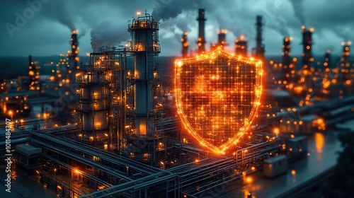 Wallpaper Mural industrial facility with digital shield overlay symbolizing critical infrastructure protection against cyber threats Torontodigital.ca