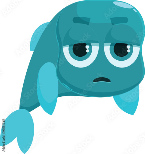 Blue cartoon fish looking sad with big eyes and a downturned mouth