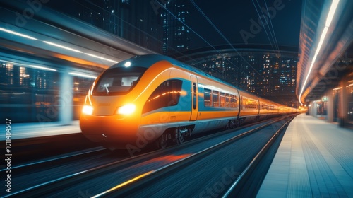 High-speed train in motion, night cityscape, illuminated track.