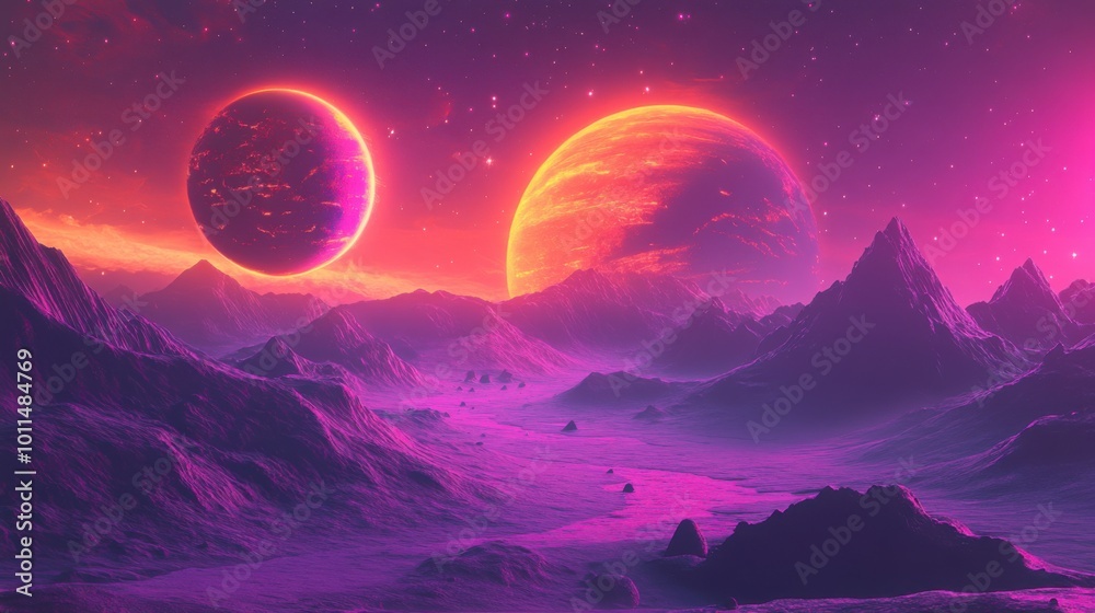 Neon cosmic landscape with planets glowing in fluorescent pinks and oranges, casting light over distant mountains--great for space-themed art or futuristic branding. Neon cosmic landscape with planets glowing in fluorescent pinks and oranges, casting light over distant mountains--great for space-themed art or futuristic branding.