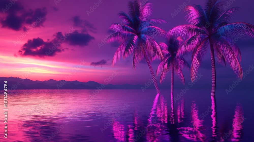 Neon palm trees swaying against a deep purple sky, casting vibrant reflections on water--perfect for tropical vacation advertisements or retro party flyers. Neon palm trees swaying against a deep purple sky, casting vibrant reflections on water--perfect for tropical vacation advertisements or retro party flyers.