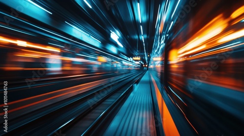 Motion blur of train tracks in a vibrant city at night.