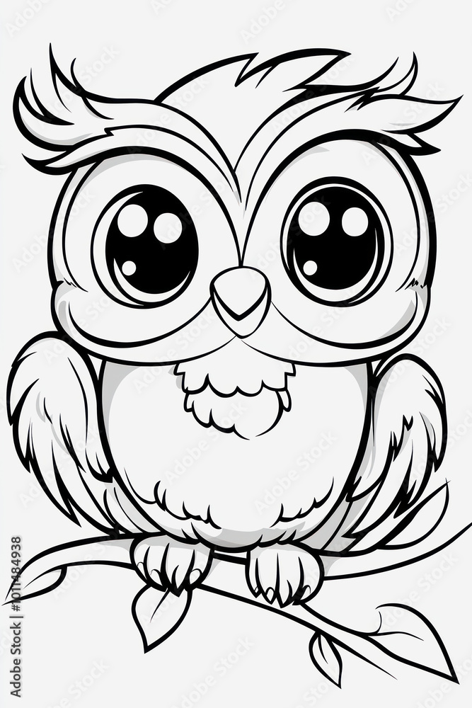 Obraz premium A cute cartoon owl sitting on a branch, ready to be colored in with bright colors for creative expression and fun