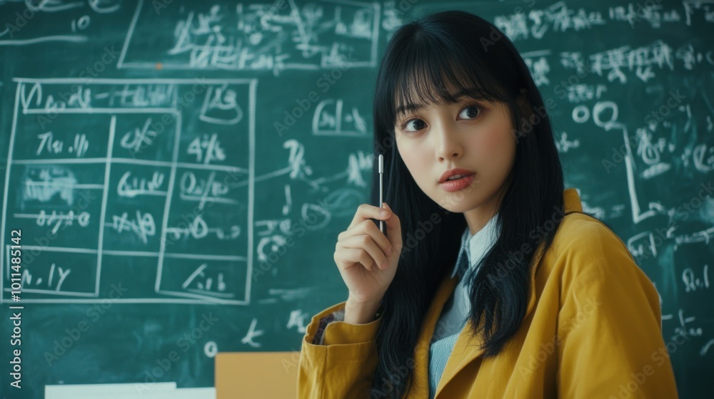 An Asian female teacher with straight black hair, standing beside a chalkboard, using a pointer to explain a chemistry formula. An Asian female teacher with straight black hair, standing beside a chalkboard, using a pointer to explain a chemistry formula.
