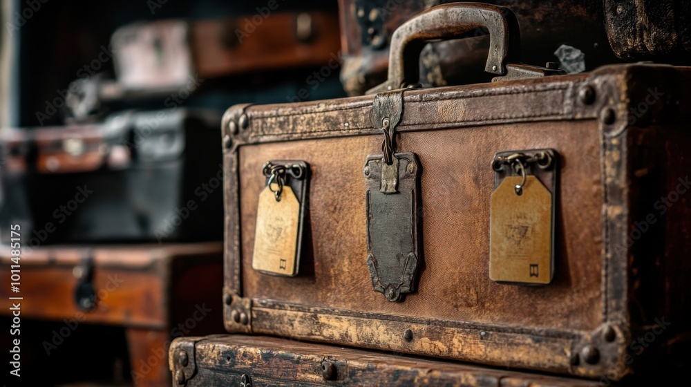 Artistic shot of a luxury travel trunk from the early 20th century, placed next to vintage luggage tags, emphasizing the golden age of travel. Artistic shot of a luxury travel trunk from the early 20th century, placed next to vintage luggage tags, emphasizing the golden age of travel.