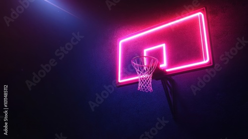 Neon basketball scoreboard glowing against a dark background, perfect for game night advertising or sports event flyers.