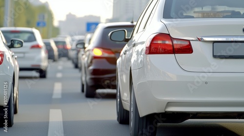 Cars backed up on a major highway during rush hour. Severe auto traffic congestion in a city.