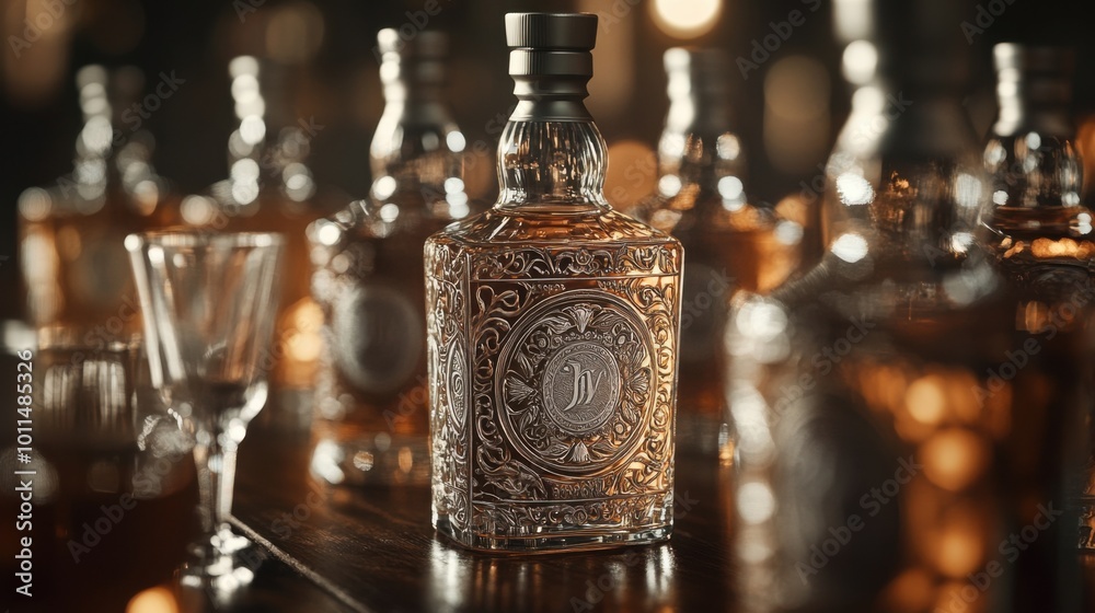 Macro shot of luxury whiskey bottles with intricate label designs, placed on a polished wooden surface with crystal glasses. Macro shot of luxury whiskey bottles with intricate label designs, placed on a polished wooden surface with crystal glasses.