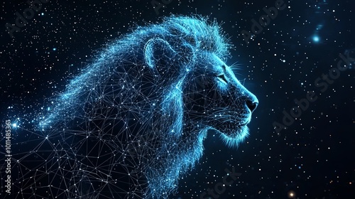 A digital lion depicted in ethereal blues guards the astral planes, reflecting the fusion of natural vigilance and cosmic elements in a trendsetting digital style.