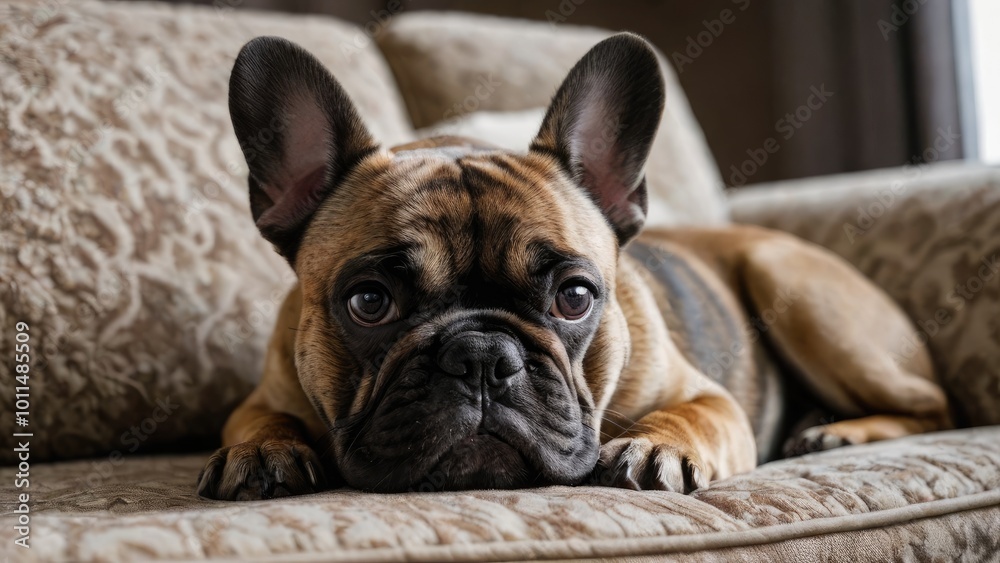 Brindle french bulldog lying on sofa in living
