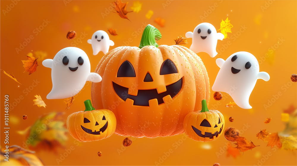 Illustrazione 3D Zucca di Halloween e Fantasmi Illustrazione 3D Zucca di Halloween e Fantasmi