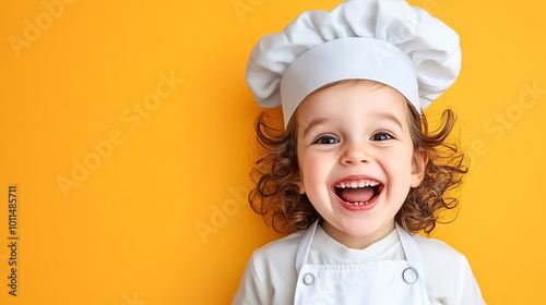 a cute child wearing a chef's hat smiling with a bright colored background, editorial photography, white shade background, happy