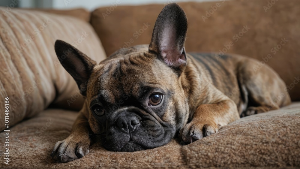 Brindle french bulldog lying on sofa in living Brindle french bulldog lying on sofa in living