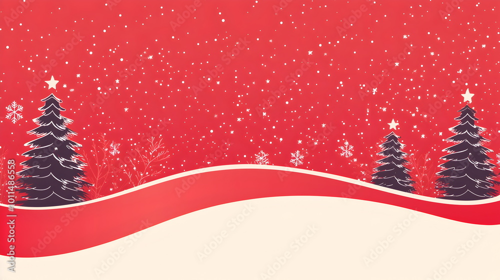 A Merry Christmas banner in flat vector style, ribbon-like design wrapping around the edges, plenty of space for text in the center, Christmas trees and stars in the crimson red background A Merry Christmas banner in flat vector style, ribbon-like design wrapping around the edges, plenty of space for text in the center, Christmas trees and stars in the crimson red background
