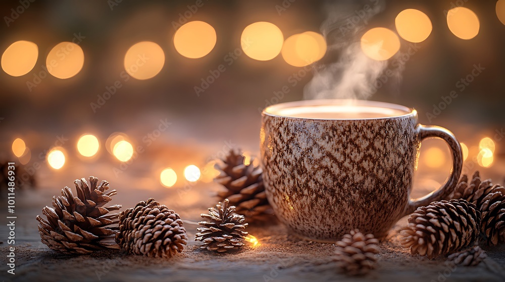 A cup of hot chocolate in a rustic ceramic mug, surrounded by pine cones and twinkling fairy lights, steam rising softly. Warm, inviting light creating a cozy, wintery feel. A cup of hot chocolate in a rustic ceramic mug, surrounded by pine cones and twinkling fairy lights, steam rising softly. Warm, inviting light creating a cozy, wintery feel.