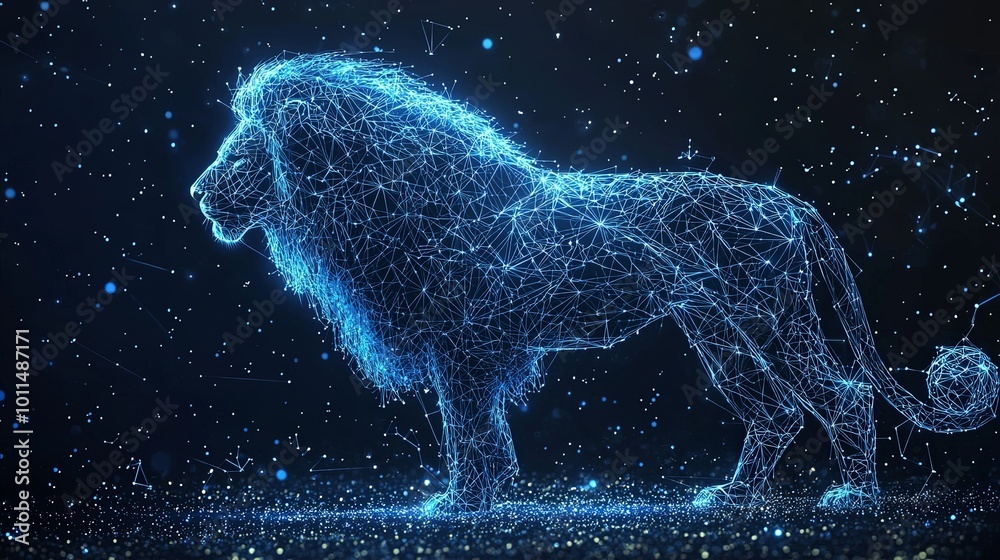 A digitally rendered lion composed of intricate glowing blue lines against a cosmic starry background, symbolizing strength and harmony in an abstract style.
