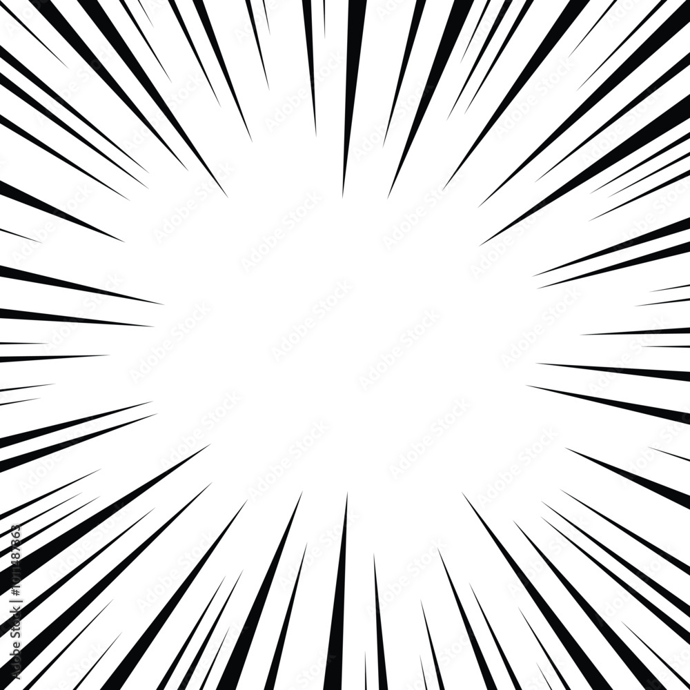 Sun Rays or Explosion Boom for Comic Books Radial Background Vector. Speed rays. Action, speed lines, stripes for comic book frame. Dynamic, speed stripes abstract frame. Comic book black background.
