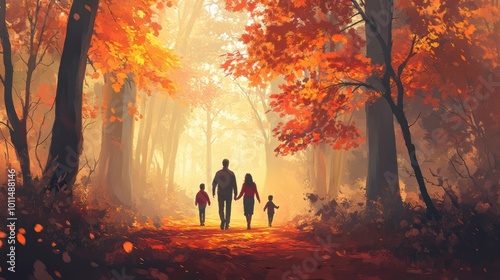 Family walking through a scenic autumn forest with vibrant leaves in shades of orange and red