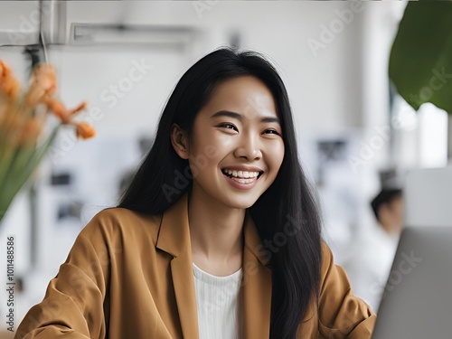 Smiling Professional Woman Working on Computer photo