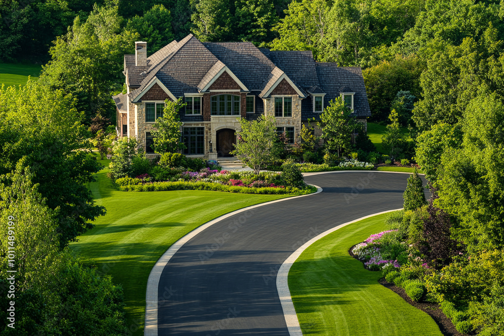 A large, high-end home with perfectly manicured landscaping and greenery on the front lawn.