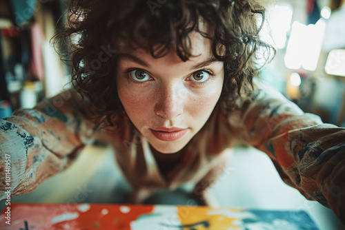 A curly-haired artist leans forward with an intense gaze, capturing a moment of inspiration in her studio, surrounded by vibrant colors and creativity. photo