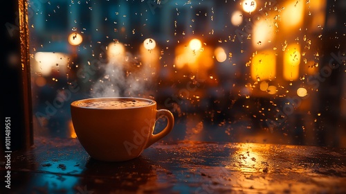 A cup of hot chocolate, steam rising softly, in a cozy, dimly lit café. Blurred raindrops on the window and a warm glow from café lights create a serene and inviting atmosphere.