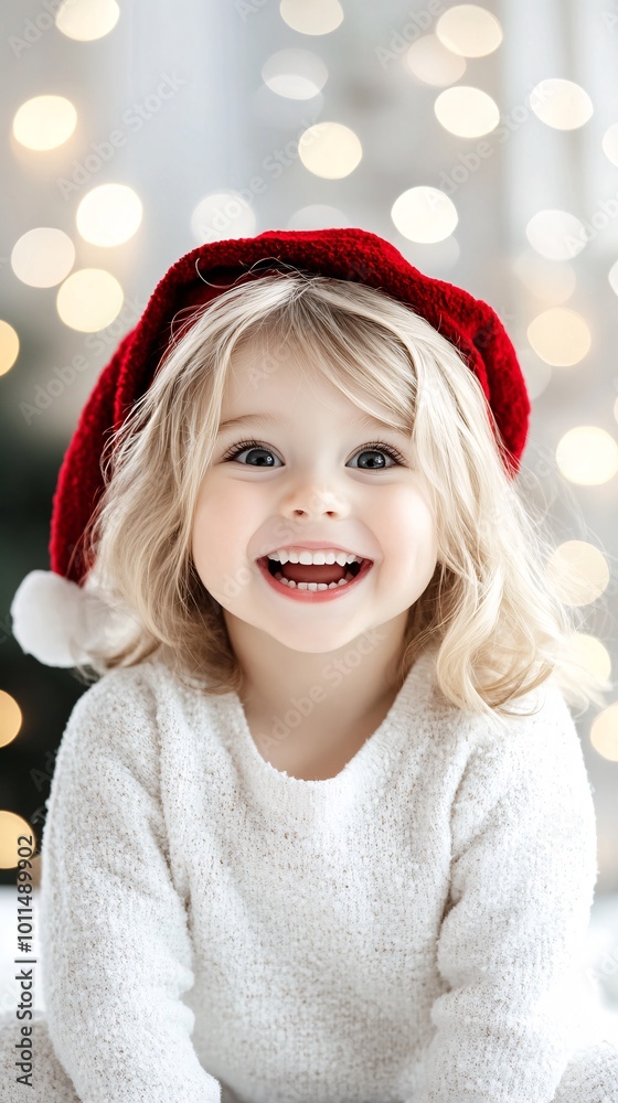 A little girl wearing a red hat and white sweater is smiling, with Christmas lights in the background. A little girl wearing a red hat and white sweater is smiling, with Christmas lights in the background.