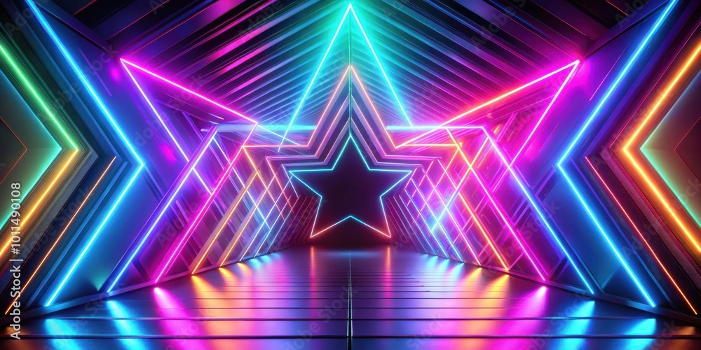 Abstract Futuristic Neon Corridor with Vibrant Glowing Stars Abstract Futuristic Neon Corridor with Vibrant Glowing Stars