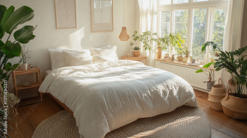 Fototapeta premium Bright and airy bedroom with plants and natural light in a cozy, relaxed setting