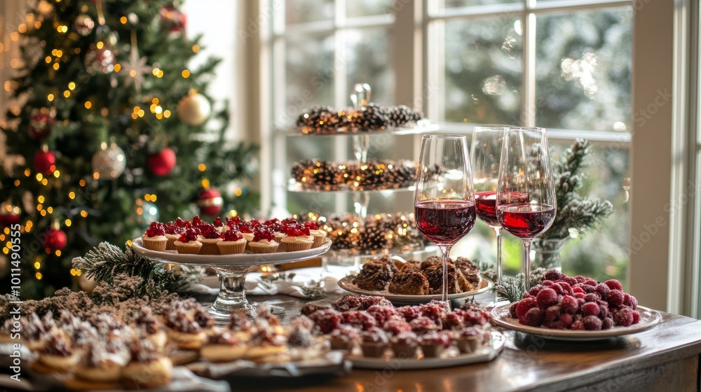 A beautifully styled table featuring a wine glass and holiday treats, surrounded by sparkling Christmas trees, illuminated by clear windows. A beautifully styled table featuring a wine glass and holiday treats, surrounded by sparkling Christmas trees, illuminated by clear windows.