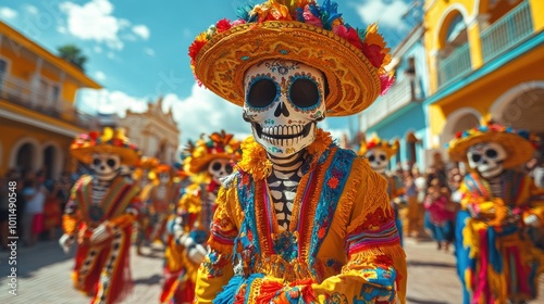 A wide-angle view of a colorful Day of the Dead parade with cartoon characters in vibrant costumes and skull face paint, marching through a festive street  photo