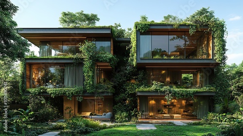 modern eco friendly building with green roofs ,lush vegetation showcasing sustainable architectural design