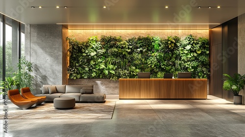 modern eco friendly office space featuring lush living green wall designed to promote employee wellness ,environmental sustainability in the workplace