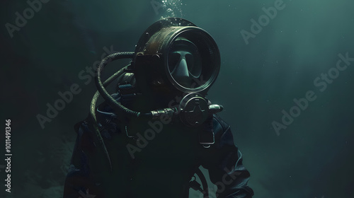 Deep-sea diver in a vintage diving suit with a helmet and gauges, underwater in dark, murky waters. Concept of underwater exploration and history