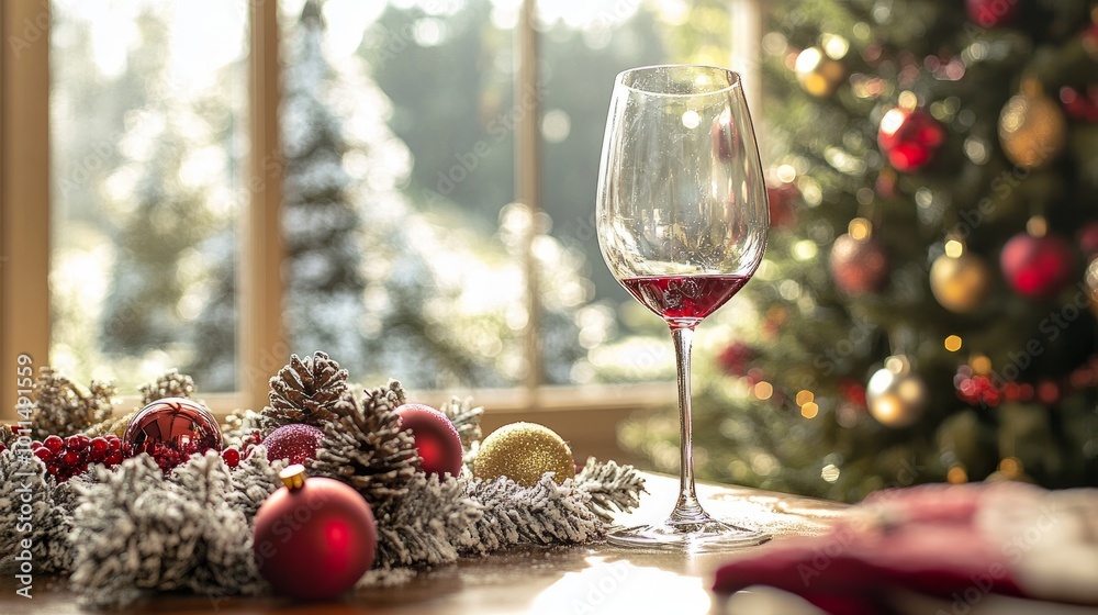 A festive table setting with a wine glass, colorful ornaments, and Christmas trees surrounding the scene, framed by clear windows letting in natural light.