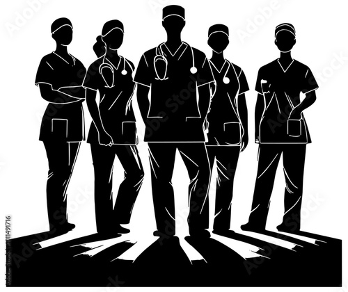 Silhouette of a medical team of physicians and nurses 