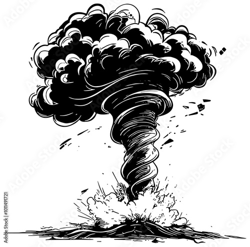 Cartoon tornado illustration in black, isolated 