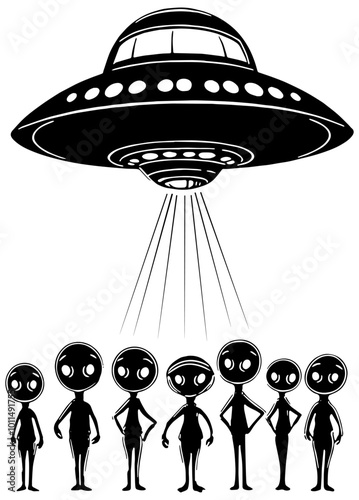 Cartoon UFO with aliens in black, isolated 