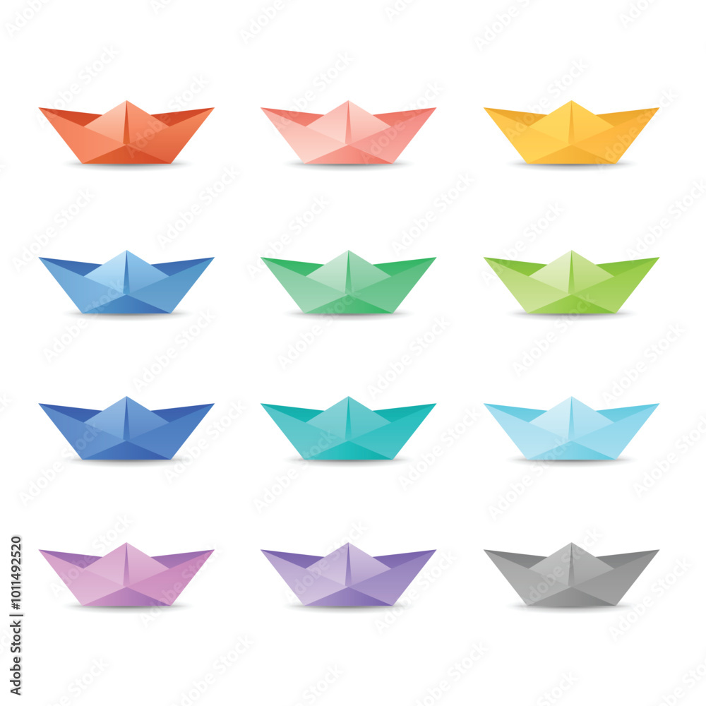 Origami boat set isolated on white background.